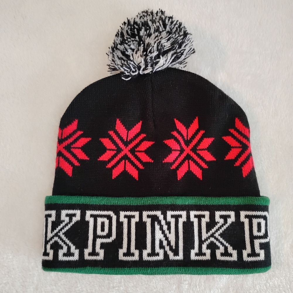 Victoria's Secret Punk Nation Black and Red Knit Beanie with Pom Pom